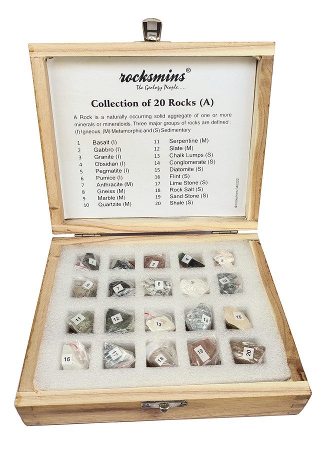 Rocksmins Collection of 20 Rocks Specimens in Wooden Box for School Education Igneous Sedimentary Metamorphic Samples Collections Introductory Activity Geology Great Educational STEM Toys for Kids - Image 2